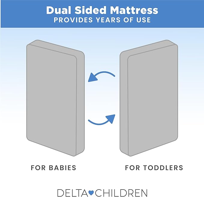 Delta Children Sweet Beginnings Dual Sided Baby Crib Mattress and Toddler Mattress, GREENGUARD Gold and CertiPUR-US Certified, Firm Plant-Based Foam, Waterproof, 5 Year Warranty, Made in USA