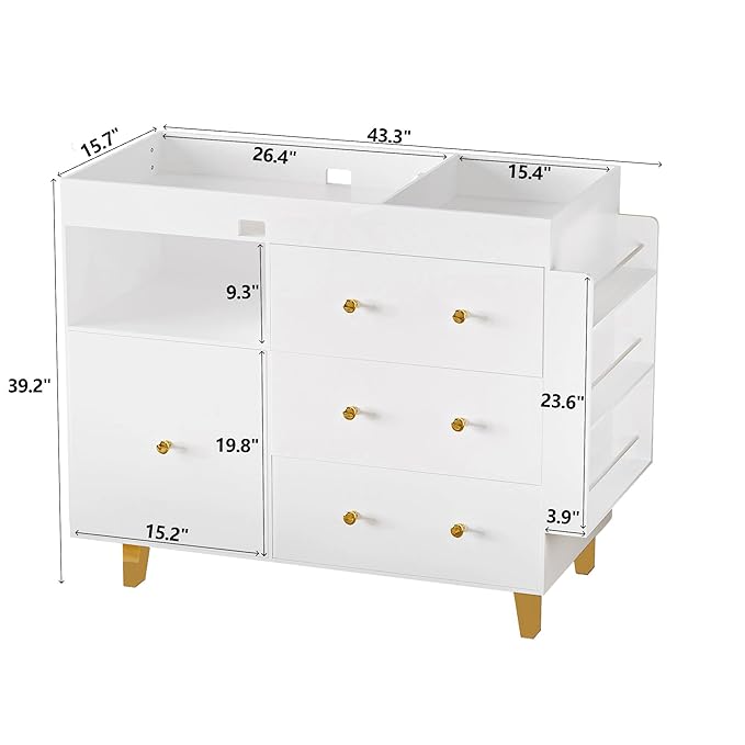 Baby Changing Table,Diaper Changing Table with Large Tabletop,4 Drawers,Open Storage Space & Side Shelves,Modern Storage Crib with Changing Table Dresser for Nurseries and Baby Rooms,White