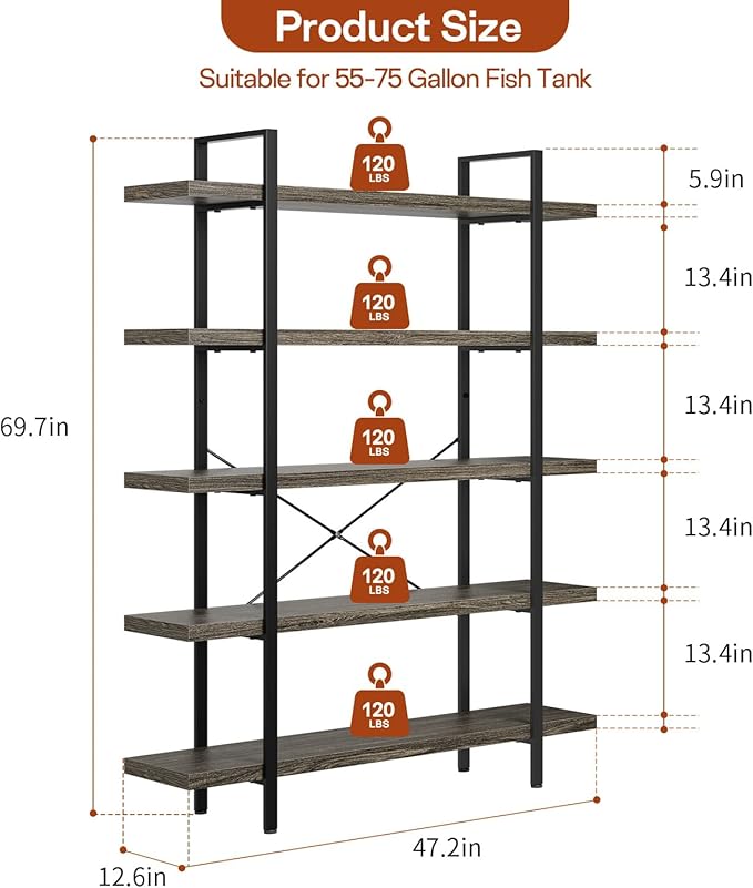 Bookcase, 47 Inch Wide Wood Bookshelf, 120lbs Shelf Capacity Estante, Rustic Open Shelving Industrial Display with Reinforced Horizontal Shelves for Living Room Bedroom Office (5 Tier - Grey)