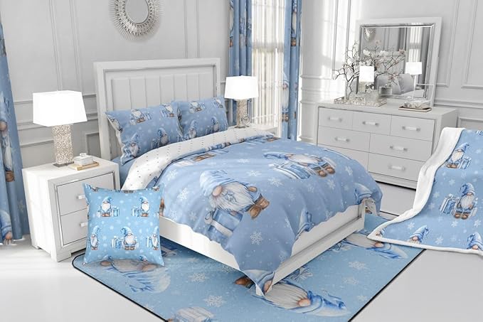 Feelyou Blue Christmas Comforter Set Queen Size Scandinavian Christmas Santa Gnomes Bedding Set for Kids Boys Girls Xmas Snowflake Duvet Quilt Bedroom Decor 3 Pcs with 2 Pillow Cases