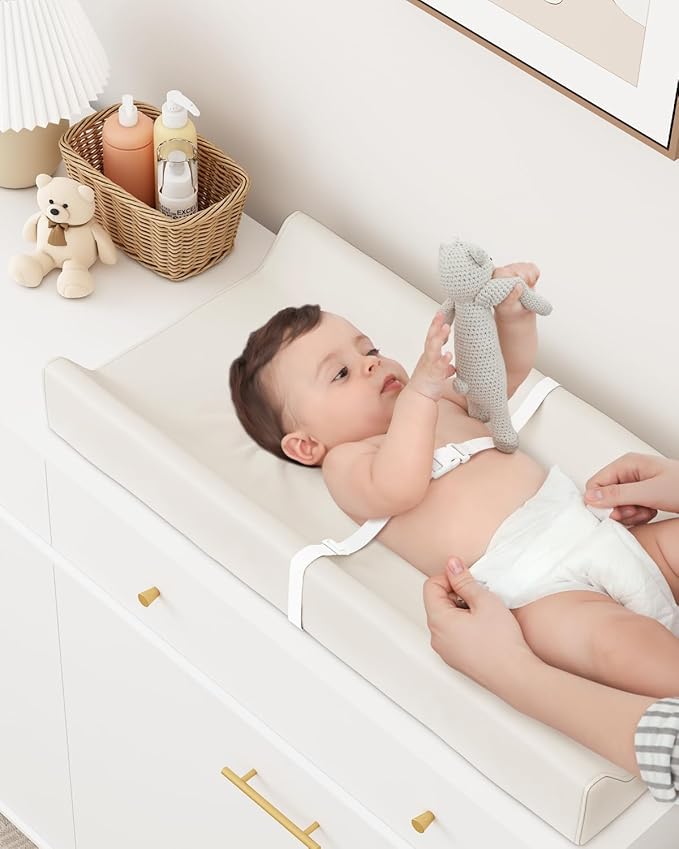 YACODAVO Wipeable Baby Changing Pad for Dresser and Table, Cozy Diaper Changing Pad with Waterproof & Wipe-Clean Leather Cover, Off-White