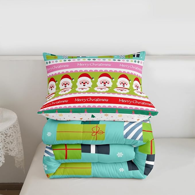 Feelyou Merry Christmas Comforter Set Full Size Santa Claus Bedding Set for Kids Boys Girls Xmas Tree Snowflake Duvet Quilt Striped Bedroom Decor Microfiber 3 Pcs with 2 Pillow Cases
