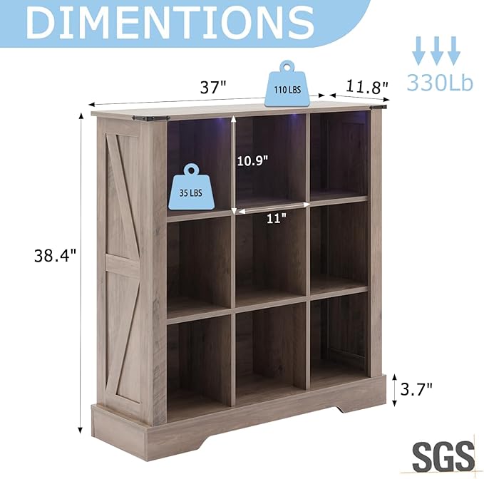 9 Cube Storage Organizer, Wood Cube Bookshelf with LED Lights, Horizontal Storage Cubes, Kids Bookshelf, Display Cabinet Cubby Shelf for Living Room Home Office Bedroom, Grey