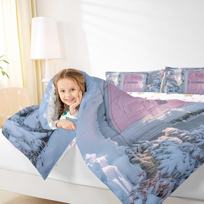 Feelyou Winter Snowscape Bedding Set Soft for Boys Girls, Merry Christmas Comforter Set King Size Pink Door Duvet Quilt Microfiber Garland Xmas Tree Bedroom Decor 3 Pcs with 2 Pillow Cases