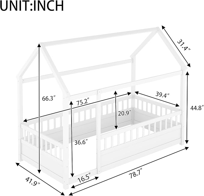 Twin Size House Bed with High Fence for Kids,Twin Floor Bed Frame, Kids Montessori Bed Twin Size,Solid Wood House Bed Frame for Boys,Girls,White
