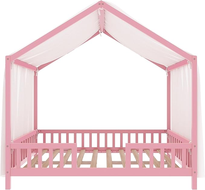 Montessori Floor Bed with Canopy, High Railings and Roof, Full Size Wood House Bed Frame for Kids Bedroom (Pink/C)