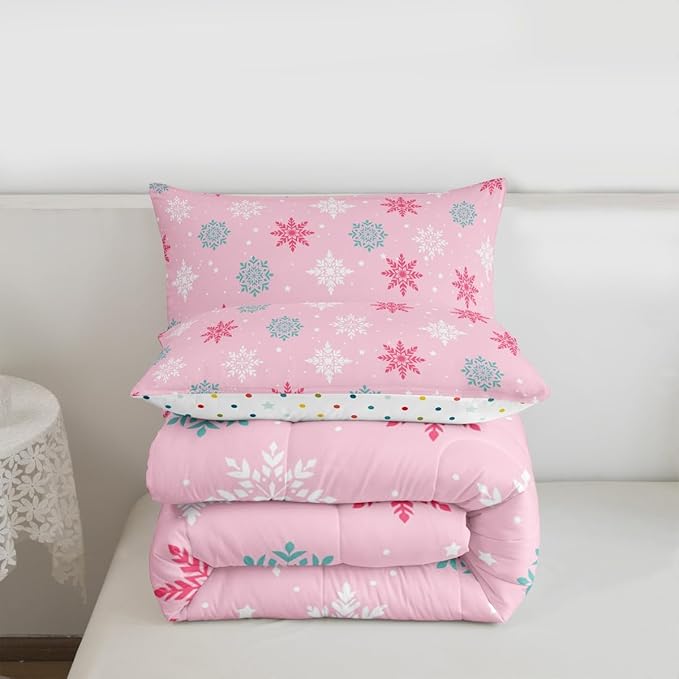 Feelyou Winter Snowflakes Bedding Set Soft for Boys Girls, Winter Holiday Comforter Set Full Size Frozen Snowflake Duvet Quilt Microfiber Pink Bedroom Decor 3 Pcs with 2 Pillow Cases