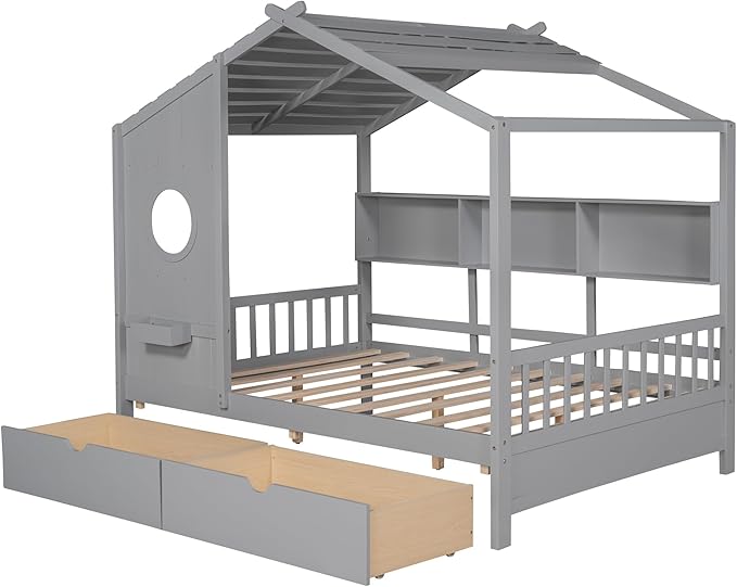 Full Size House Bed with 2 Drawers and Storage Shelf, Playhouse Design Solid Wood Kids Platform Bed Frame for Girls Boys, Decorable Daybed with Sturdy Slats Support, Space-Saving (AF-Gray)