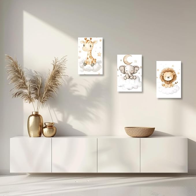 DOARTDO Nursery Animal Canvas Wall Art Baby Animal Pictures 3 Pieces Cute Elephant Lion Giraffe Print Painting Kids Room Nursery Decor Frame (20x28inchx3Pcs)