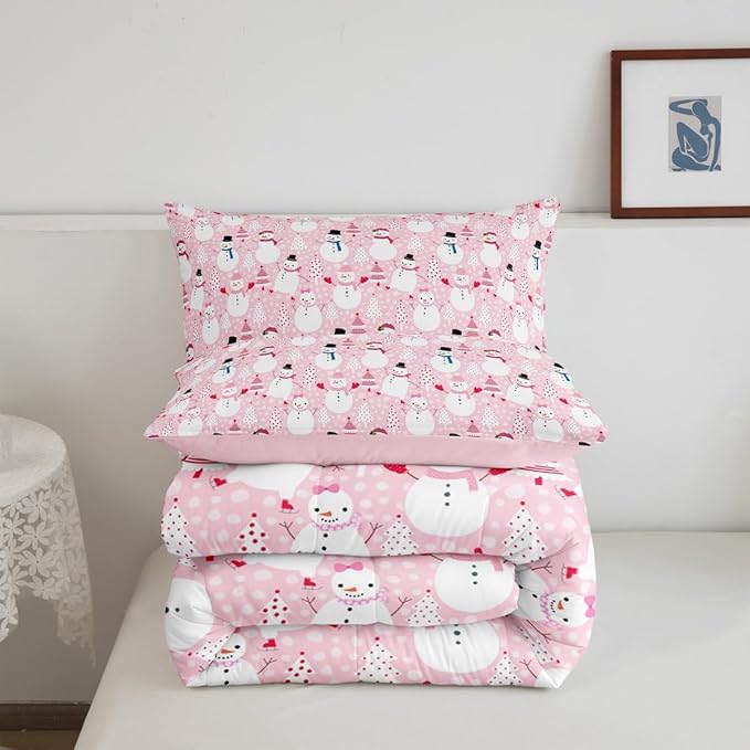 Castle Fairy Snowman Christmas Tree Comforter Set,Cartoon Pink Dreamy Bedding Set Kids Teens Modern Decor,Merry Christmas Comforter with 1 Pillowcase for All Seasons,Twin