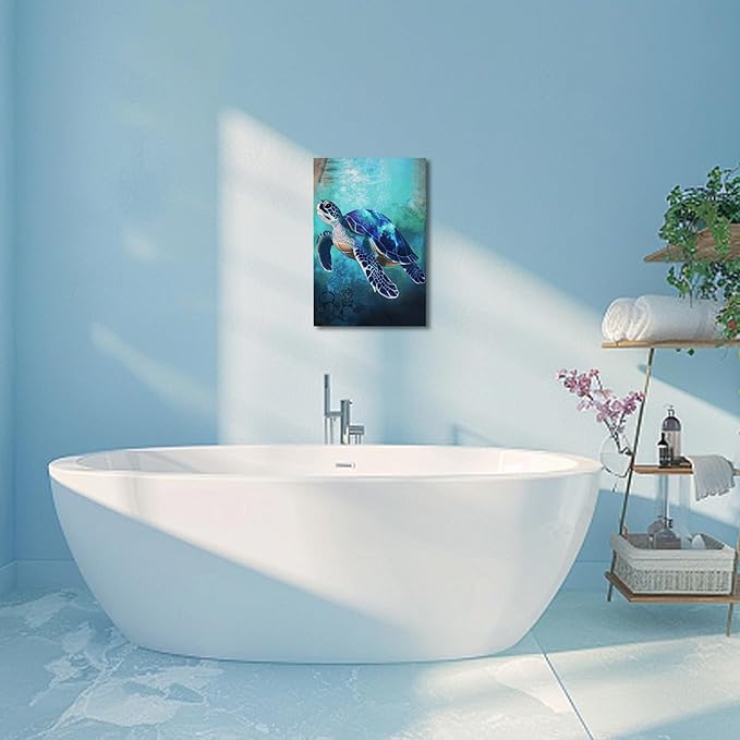 AWPANERAR Sea Turtle Wall Art Bathroom Pictures Watercolor Sea Life Canvas Prints Ocean Animal Poster Nautical Theme Artwork for Kids Room Nursery Decor Framed (Blue, (36L x 24W))