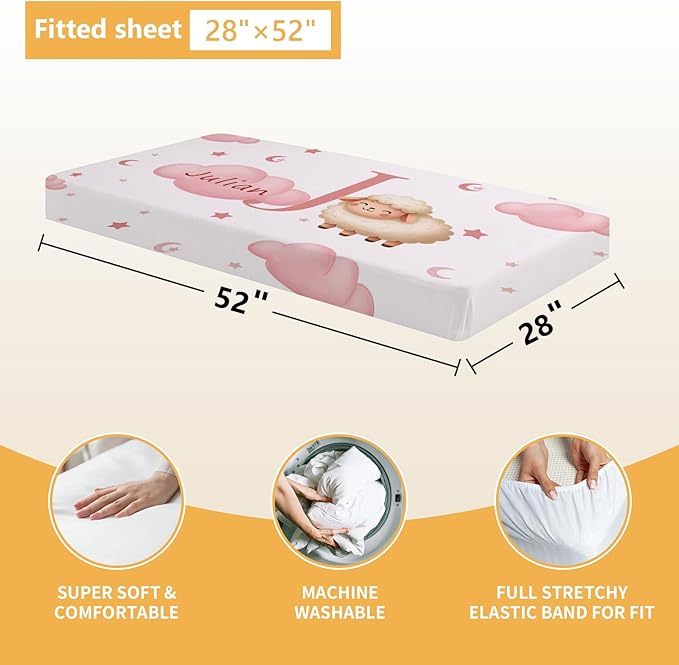 5 Piece Customized Crib Bedding Set for Baby Girls - Custom Name Baby Crib Pink Sheep Nursery Bedding Set with Soft Blanket, Fitted Sheet, Rug, Personalized Gifts for Toddler, Newborn, Infant