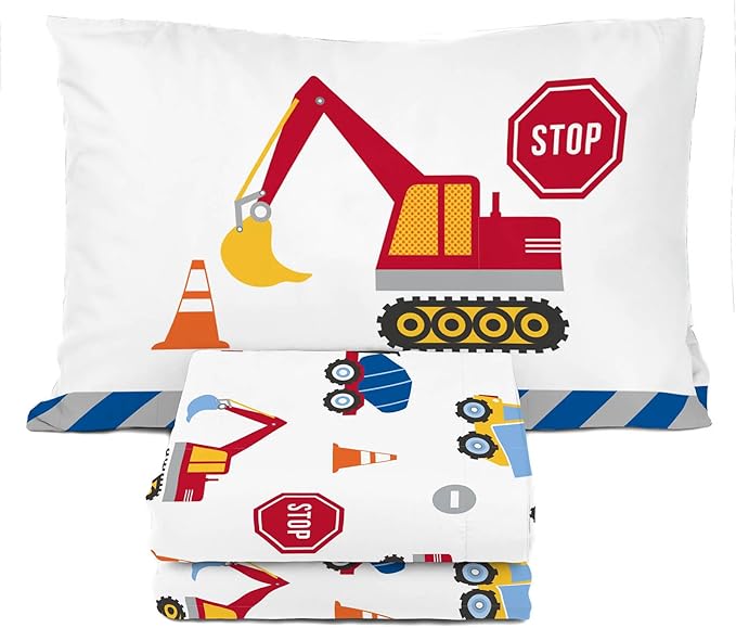 Sunny Side Up Construction Zone Twin Sheet Set - 3 Piece Kids Bedding Set Includes Pillow Cover - Super Soft Trucks Microfiber Sheets