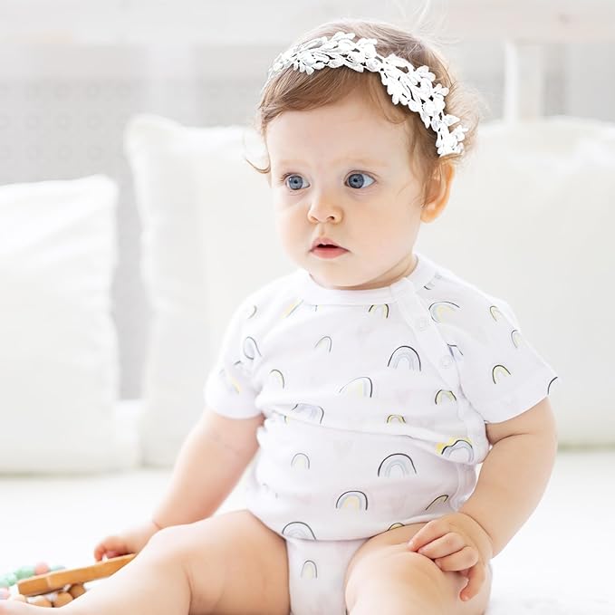 Elegant White Flower Christening Headbands for Baby Girl, Elastic Soft Lace with Cute Tulle Pearl Hair Strap, Stretchy Baptism Halo for Pure Newborns Infants Toddlers (Over 6 Months) (2 Pack 18-20in)