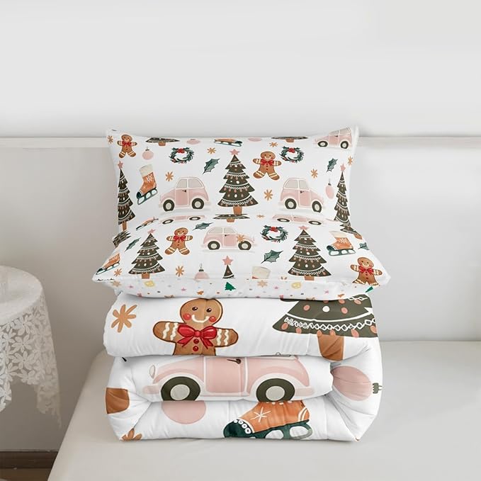 Feelyou Xmas Tree Car Comforter Set All Season Gingerbread Man Bedding Set with 1 Pillow Cases Garland Microfiber Kids Twin Bedclothes Bedroom Decor Duvet Quilt Breathable Soft