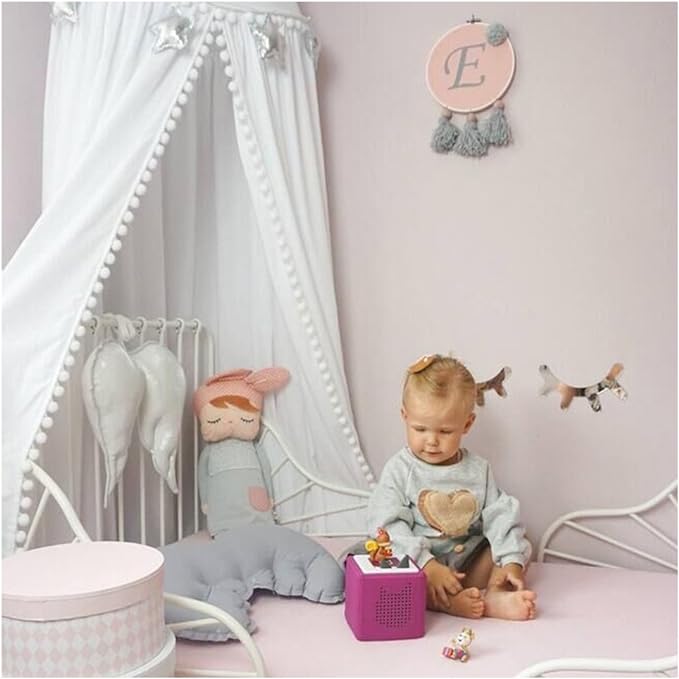Bed Canopy with Pom Pom Cotton Canopy for Kids Crib Baby Girl Netting Cover Canopy Crib Curtain Reading Nook Hanging Tent Nursery Play Game Castle Room Decoration (White)