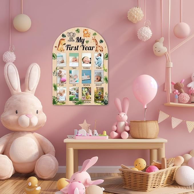 ORIGACH My First Year Baby Growth Photo Display Wood Board - 12 Months Newborn Milestones Picture Frame - Neutral Baby Keepsake Board 1st Birthday Party Nursery Decor New Mom Gift - Jungle Animals
