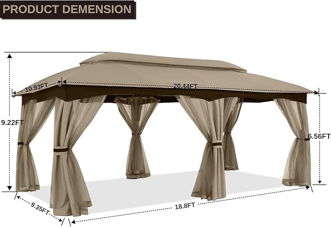 ABCCANOPY Outdoor Patio Gazebo 10x20 - Double Roof Canopy with Mosquito Netting for Backyard, Deck, Garden, Lawn, Khaki