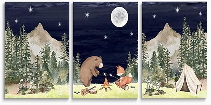 Camping Nursery Wall Decor, Bear Fox Nursery Print, Moon Night Woodland Nursery Decor, Watercolor Mountain Forest Wall Art, Set of 3 Nature Picture for Boy Girl Bedroom, Framed Canvas, 16"x24"x3