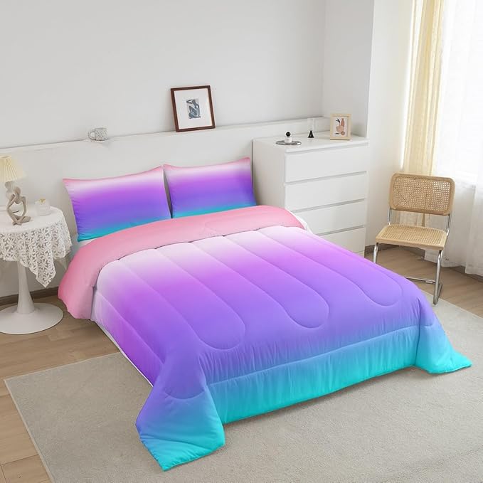 Feelyou Pink Purple Blue Comforter Twin Size, Rainbow Ombre Bedding Set Kids Toddler Colorful Gradient Comforter Set for Boys Girls Colorful Duvet Set Durable Bed Set 2Pcs