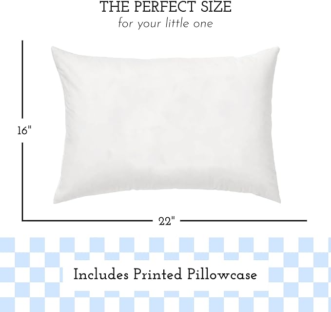Little Sleepy Head Youth Pillow with Pillowcase 16x22, Jumbo Toddler Pillow, Hypoallergenic Pillowcase - Best Kids Pillows for Sleeping, Perfect Kids Travel Pillow (Checkers Baby Blue)