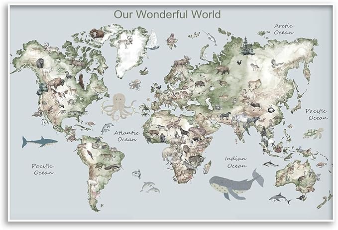 Educational Posters for Toddlers 1-3, Toddler Learning Poster for Kids Ages 3-5, World Map Canvas Print Nursery Preschool Homeschool Kindergarten Classroom Decor 12x18 Inch Unframed B