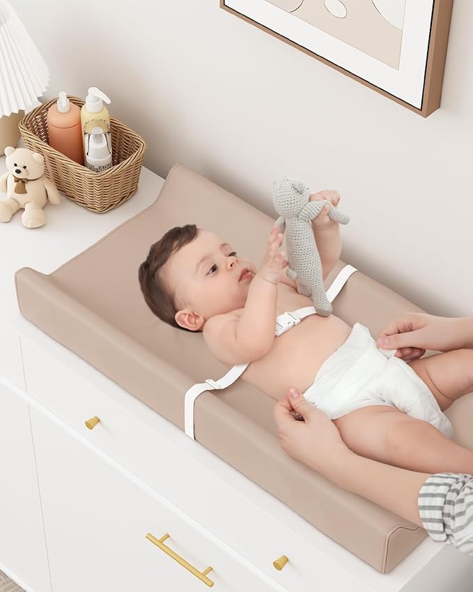 YACODAVO Wipeable Baby Changing Pad for Dresser and Table, Cozy Diaper Changing Pad with Waterproof & Wipe-Clean Leather Cover, Light Brown