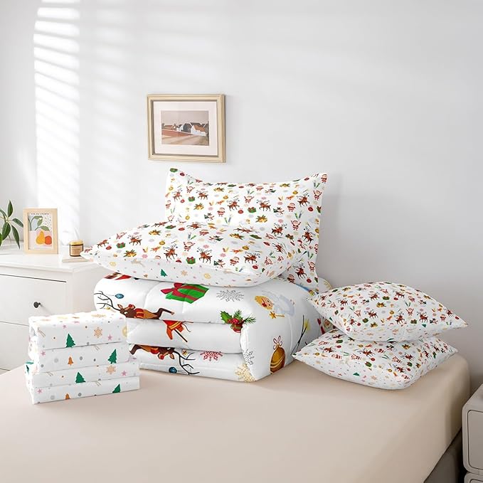 Feelyou Christmas Kids Bed Set Cute Snowman Santa Claus Bed in a Bag Boys Girls Cute Reindeer Comforter Set with Sheets Christmas Bells Cartoon Design Bedding Set Bedroom Collection King Size