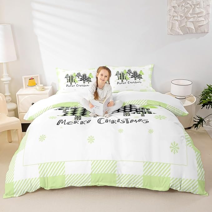 Manfei Xmas Trees Duvet Cover Set Full Size, Green Plaid Grid Snowflake Bedding Set for Kids Girls Bedroom Decor, Christmas Theme Comforter Cover New Year Quilt Cover with 2 Pillowcases, No Comforter