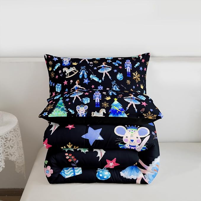 Feelyou Merry Christmas Kids Comforter Set Queen Size Ballet Nutcracker Bedding Set Snowflake Duvet Quilt for Kids Boys Girls Bedroom Decor Microfiber Ultra Soft Breathable