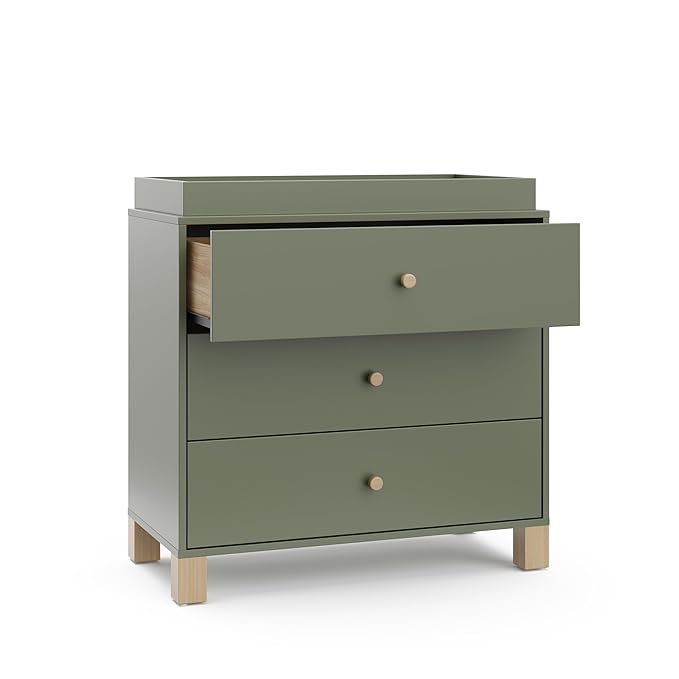Storkcraft California 3-Drawer Chest with Removable Changing Topper (Olive with Driftwood) – GREENGUARD Gold Certified, Interlocking Drawer System, Pre-Installed Tracks, Easy Assembly