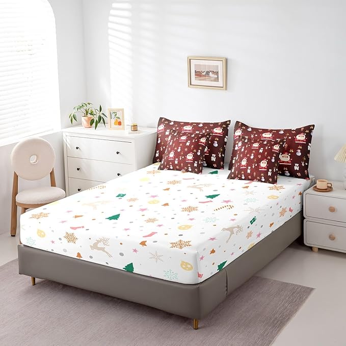 Christmas Kids Bed Set Cute Snowman Santa Claus Decorations Bed in a Bag Boys Girls Bear Rabbit Comforter Set with Sheets Christmas Bells Cartoon Design Bedding Set Bedroom Collection Queen Size