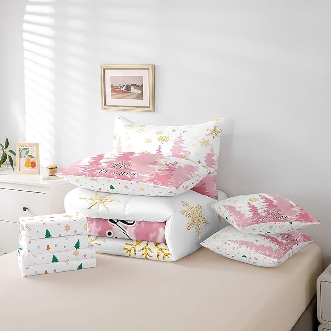 Feelyou Christmas Tree Bed Set for Children Kids Boys Girls Luxury Chic Xmas Theme Bed in a Bag Glitter Snowflake Comforter Set with Sheets Pink Room Decor Bedding Set Queen Size