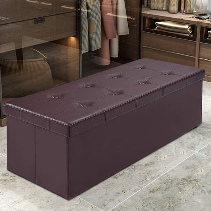 Safeplus Folding Storage Ottoman Bench, 45" Large Ottoman Space-Saving Bench,Faux Leather Storage Chest with Memory Foam,Footrest Padded Stool Seat for Bedroom Toy Chest, Brown,Leather