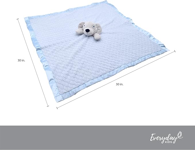 EVERYDAY KIDS Large Lovey Baby Security Blanket for Boys Sweet Dog Stuffed Animal on 30” Adorable Blue Snuggle Baby Blanket; Fluffy Fleece with Attached Plush Toy to Cuddle