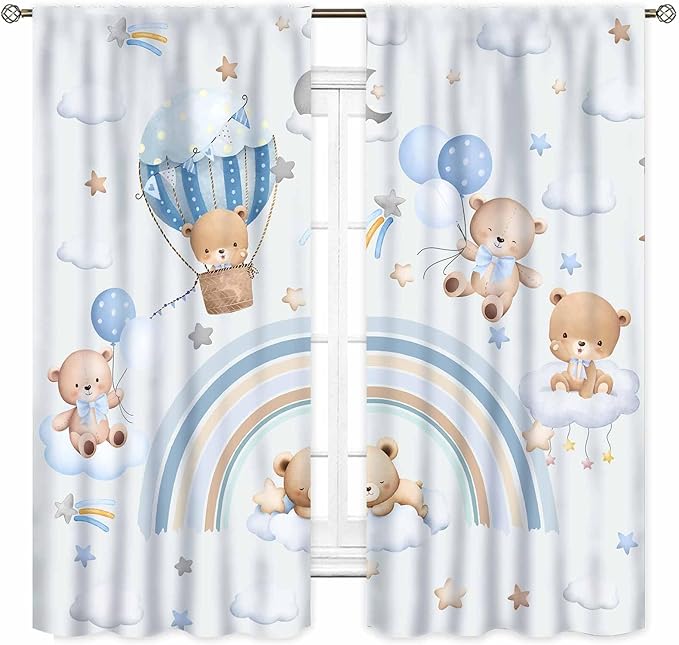 Bear Curtains for Kids Room, Baby Boys Girls Cute Lovely Bear Cloud Boho Rainbow Pastel Blue Window Drapery Treatments for Living Room Bedroom Nursey Toddler Classroom 2 Panels, 84"x84" Inch