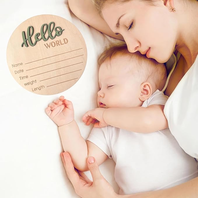 Baby Announcement Sign, 5.9 Inch Wooden Hello World Newborn Signs, Birth Announcement Sign, Baby Shower Hospital Nursery for Newborn Boys and Girls (Forest Green,Pen)