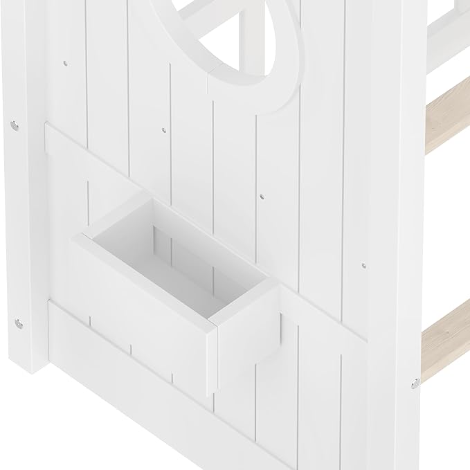 Twin Size Floor House Bed with Roof and Window for Kids, Wooden Playhouse Bed with Storage Shelves for Bedroom Furniture Girls & Boys (White/L2, Twin)