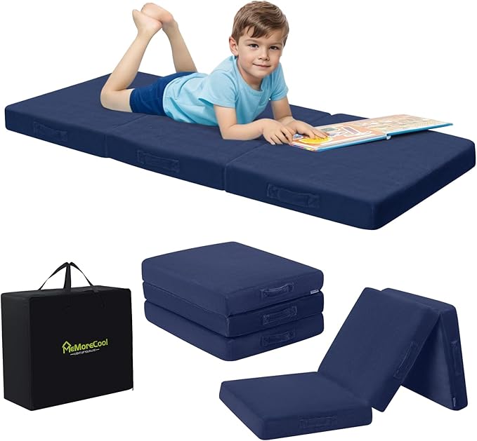 MeMoreCool Foldable Floor Mattress for Kids, Toddler Floor Nap Mat for Sleeping Daycare, Small Child Foldable Mattress Floor Bed, Trifold Futon Portable Tri Folding Mattress, Navy 75x25 Inch