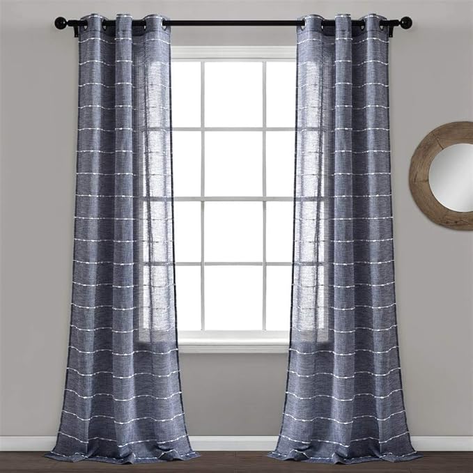 Lush Decor Farmhouse Textured Grommet Sheer Window Curtain Panel Pair, 38"W x 84"L, Navy