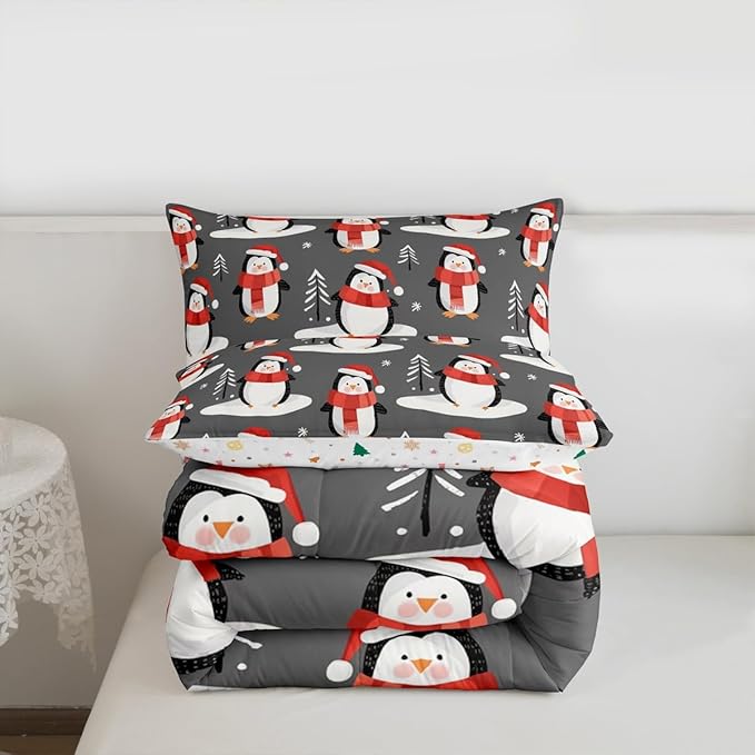 Feelyou Christmas Comforter Set All Season Penguin Bedding Set with 2 Pillow Cases Snowflake Microfiber Kids King Bedclothes Pine Tree Bedroom Decor Duvet Quilt Breathable Soft Lightweight