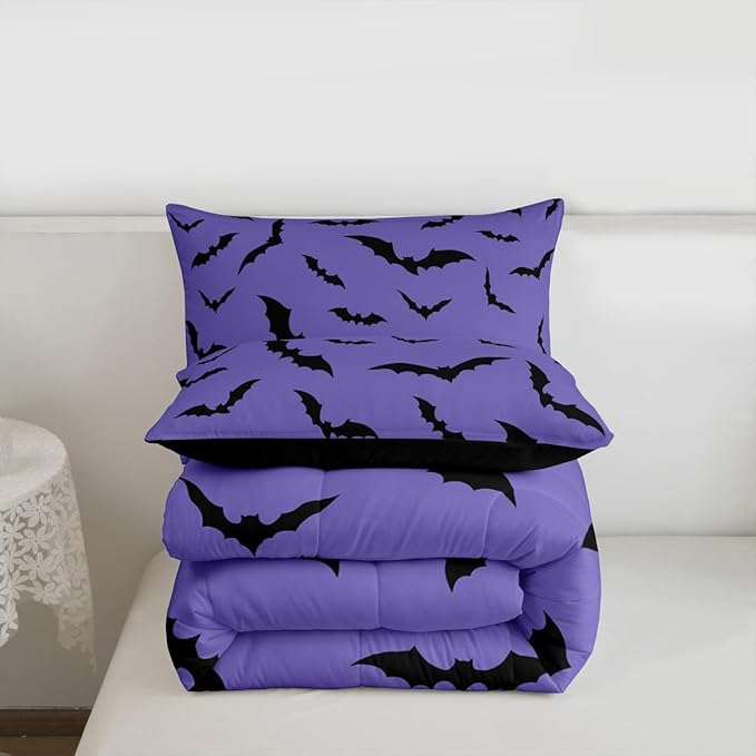 Erosebridal Purple Halloween Bedding Set Spooky Bats Comforter Set King Size,Horror Halloween Decorations Quilt for Kids Boys Girls Adults Gothic Flying Bat Silhouette Duvet Insert,Goth Bedroom Decor