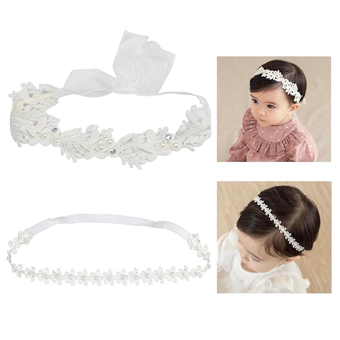 Elegant White Flower Christening Headbands for Baby Girl, Elastic Soft Lace with Cute Tulle Pearl Hair Strap, Stretchy Baptism Halo for Pure Newborns Infants Toddlers (Over 6 Months) (2 Pack 18-20in)