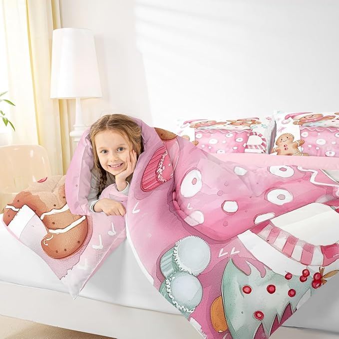 Feelyou Christmas Bedding Set Soft for Boys Girls, Pink Gingerbread Comforter Set Full Size Christmas Decor Duvet Quilt Microfiber Xmas Bedroom Decor 3 Pcs with 2 Pillow Cases