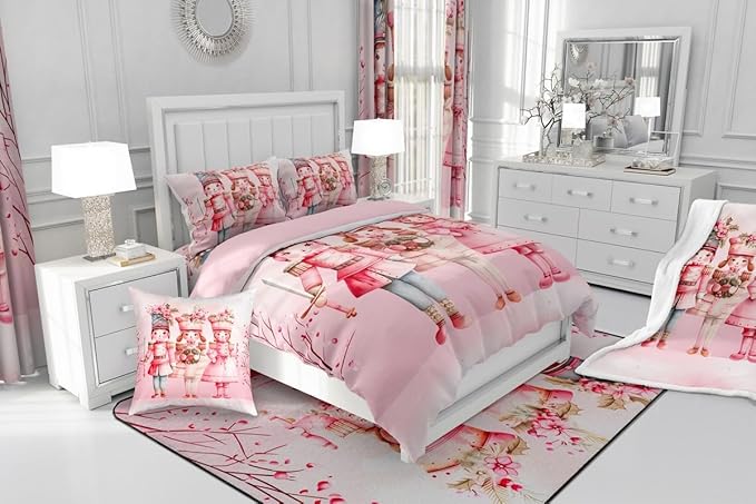 Feelyou Christmas Decor Nutcrackers Bedding Set Soft for Boys Girls, Pink Christmas Comforter Set Toddler Size Pink Nutcrackers Duvet Quilt Berries Printed Room Decor Kawaii 2 Pcs with 1 Pillow Cases