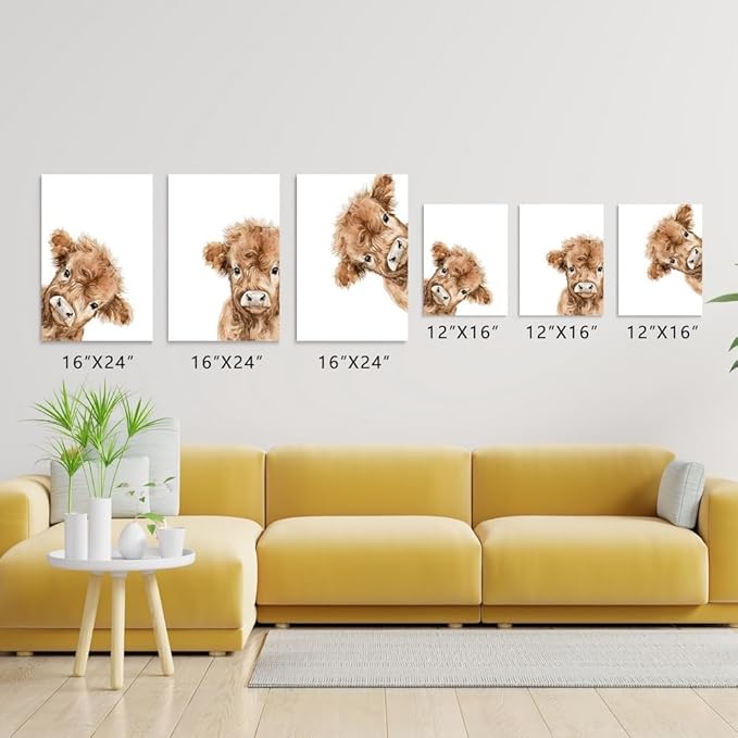 Peeking Cow Nursery Wall Art, Cute Highland Cow Print, 3 Piece Watercolor Baby Animal Nursery Wall Decor, Farmhouse Picture for Baby Boy Girl Room Decor, Framed Canvas Set, 12"x16"x3