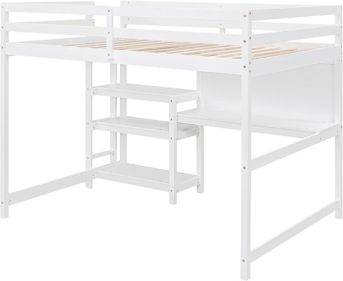 Bellemave Full Loft Bed with Desk and Writing Board,Loft Bed for Kids, Boys, Girls,Wooden Loft Be Frame with Desk and Ladder, White