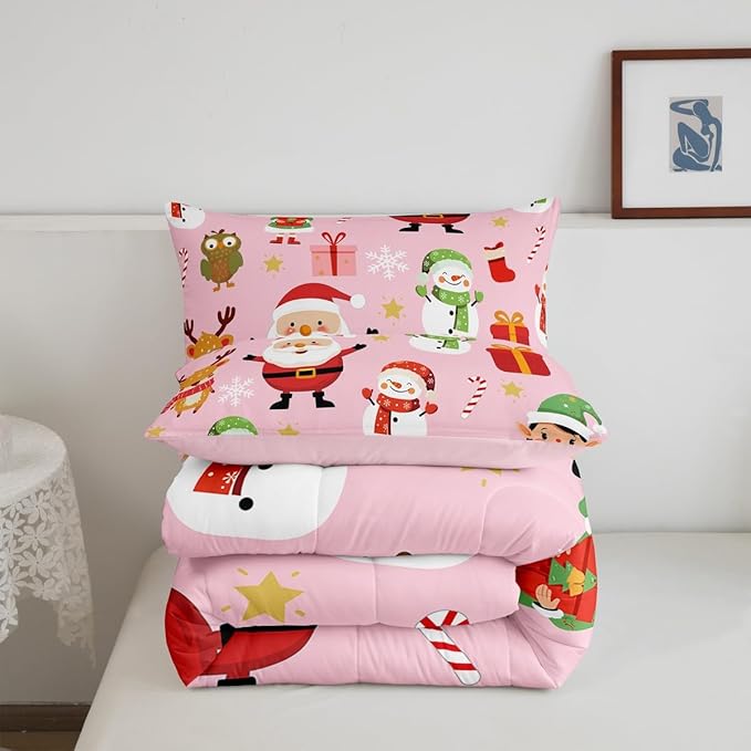 Erosebridal Merry Christmas Bedding Set for Kids Santa Claus Quilts Cute Cartoon Snowman Comforter Set Twin Size with 1 Pillow Case Xmas Snowflake Duvet Insert,Pink
