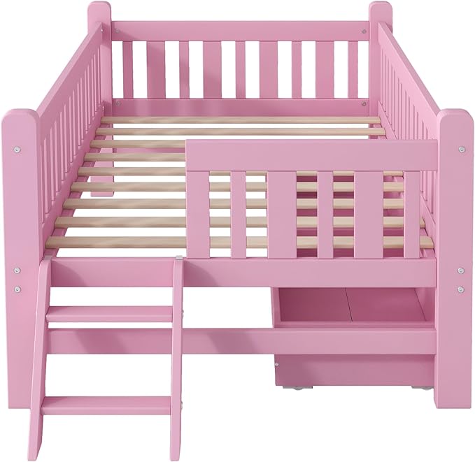 Twin Size Platform Bed with Guardrail and 2 Drawers, Wood Kids Platform Bed Frame with Two-Step Ladder for Boys Girls, Sturdy Slats Support (Pink-1.26)