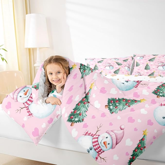 Feelyou Merry Christmas Comforter Set All Season Cute Snowman Bedding Set with 1 Pillow Cases Christmas Tree Microfiber Kids Twin Bedclothes Love Hearts Duvet Quilt Breathable Soft Lightweight